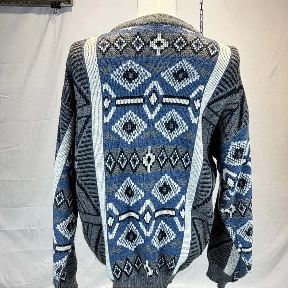 VINTAGE 80s‎ funky quirky geometric knit sweater mens navy blue Diamond argyle